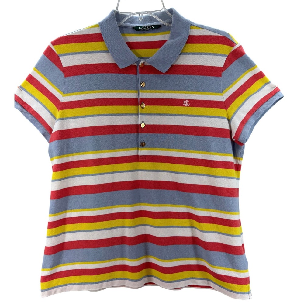Lauren Ralph Lauren Polo Shirt Women M Multicolor Striped Gold Button Pique